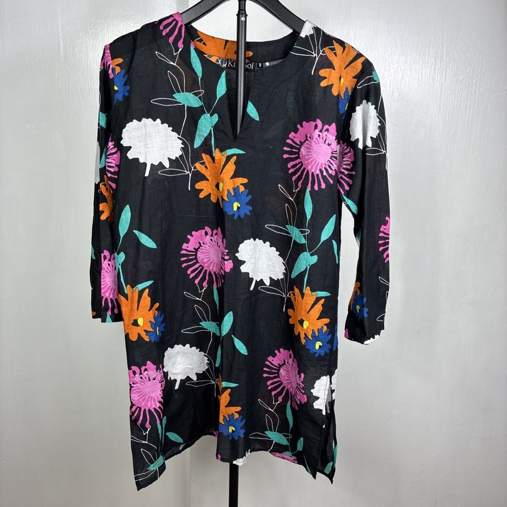 KikiSol Cotton Black Floral Tunic Beach Coverup Dress Wom Size Small Side Slits